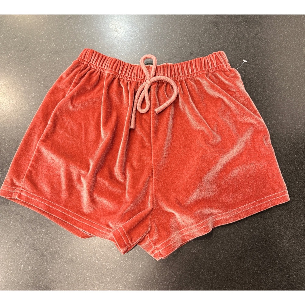 Velvet Shorts Small Rust Orange Drawstring Casual Velour Loungewear Cozy Retro